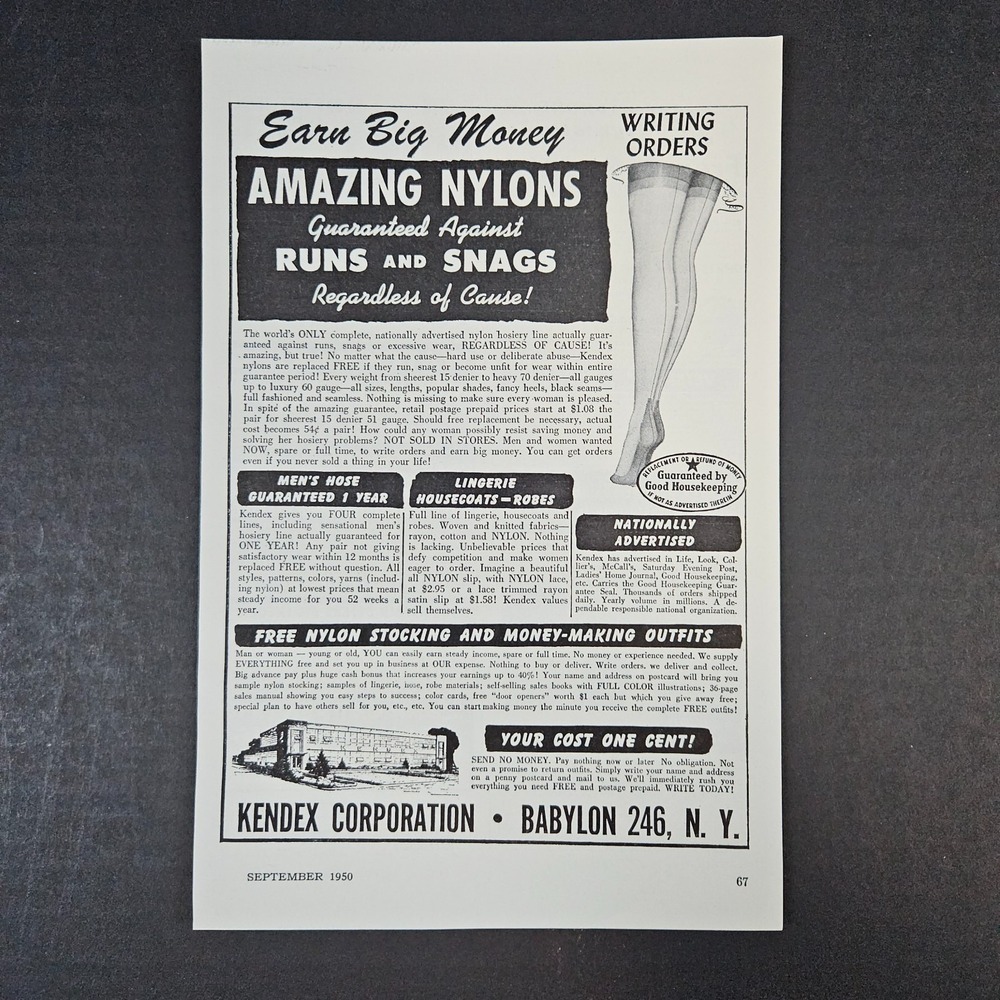 1950 Kendex Corporation Amazing Nylons Make Money Vintage Print‎ Ad Babylon NY
